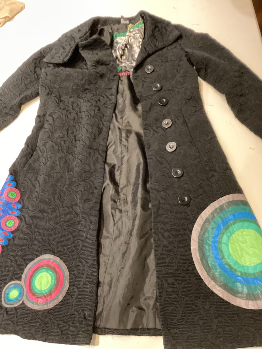 Desigual Black Embroidered Trench Coat with Colorful Circular Appliqués